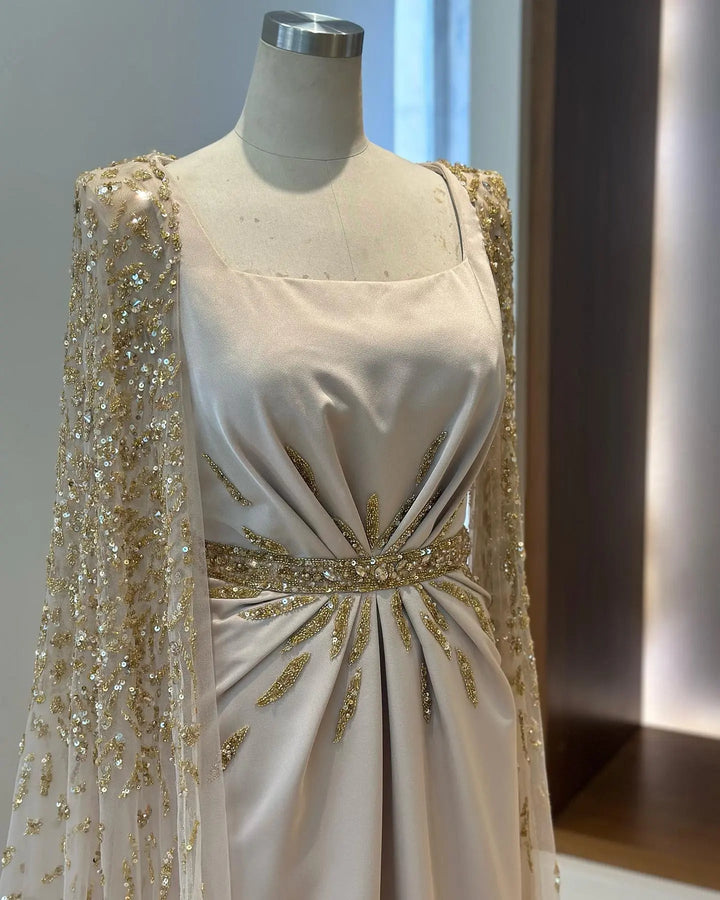 Luxury Champagne Cape Sleeve Evening Dress with Crystal Beading SS213