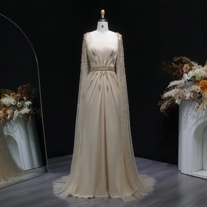 Luxury Champagne Cape Sleeve Evening Dress with Crystal Beading SS213