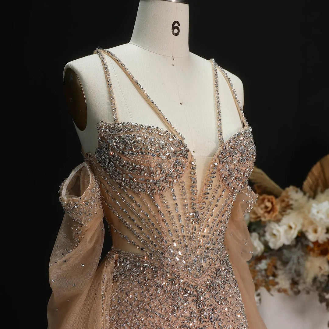Elegant Off-Shoulder Evening Gown with Beaded Bodice Layered Tulle Train SS123