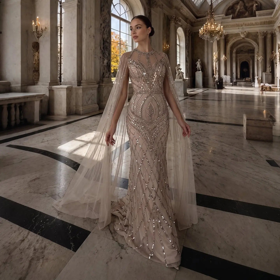 Elegant Pink Evening Gown Beads with sheer cape sleeves SS126