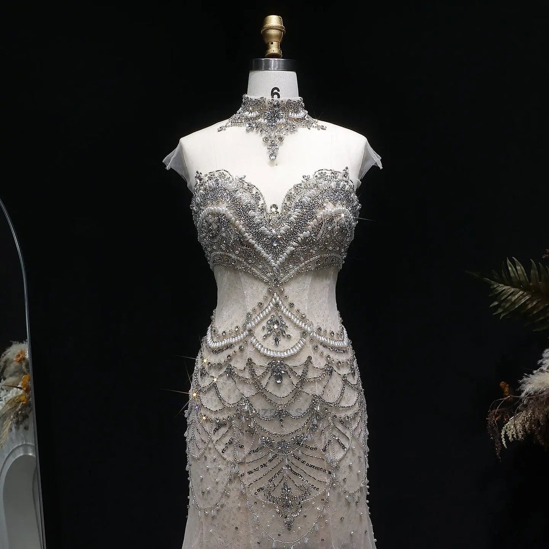 Luxury Silver Beaded High-Neck Mermaid  Evening Gown with Sheer Overlay SS380