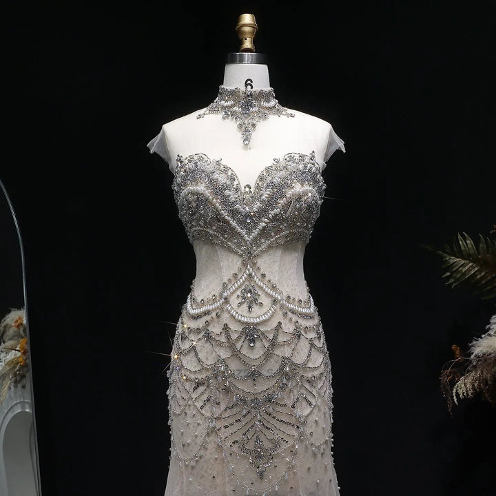 Luxury Silver Beaded High-Neck Mermaid  Evening Gown with Sheer Overlay SS380