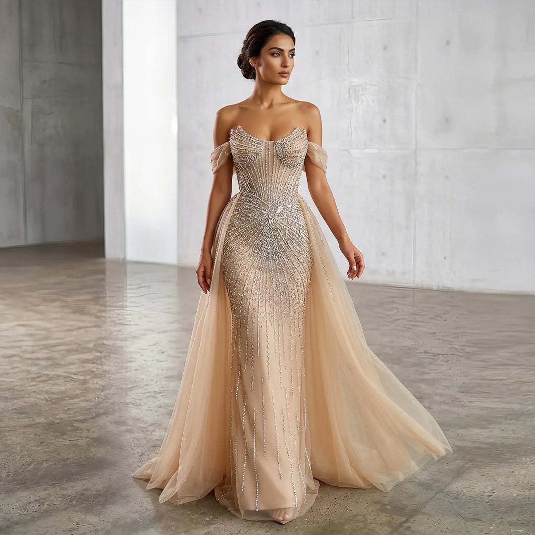 Luxury Pink Crystal Off-Shoulder Evening Dress With Overskirt SS120