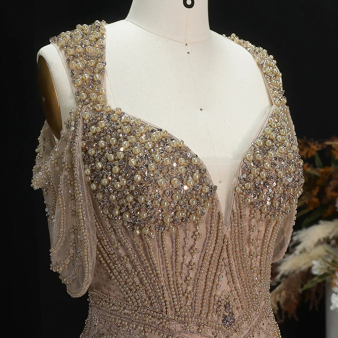 Luxury Pink Champagne Beaded Mermaid Evening Dress SS193