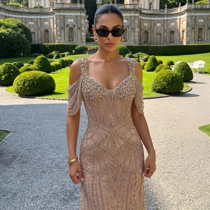 Luxury Pink Champagne Beaded Mermaid Evening Dress SS193