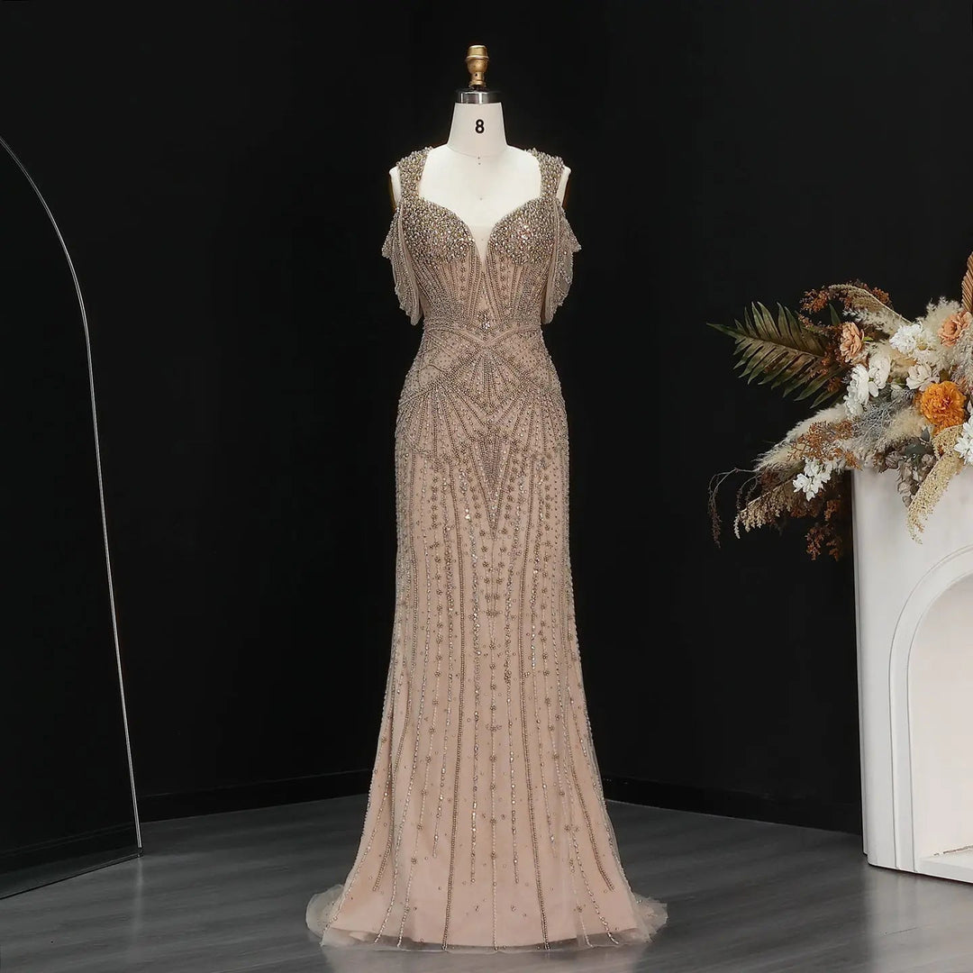 Luxury Pink Champagne Beaded Mermaid Evening Dress SS193