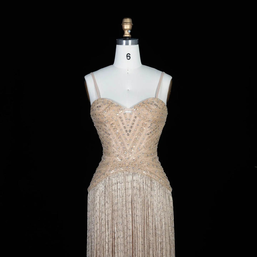 Luxury Yellow Beaded Fringe Evening Dress with Spaghetti Straps SS522