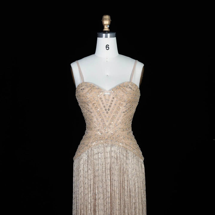 Luxury Yellow Beaded Fringe Evening Dress with Spaghetti Straps SS522