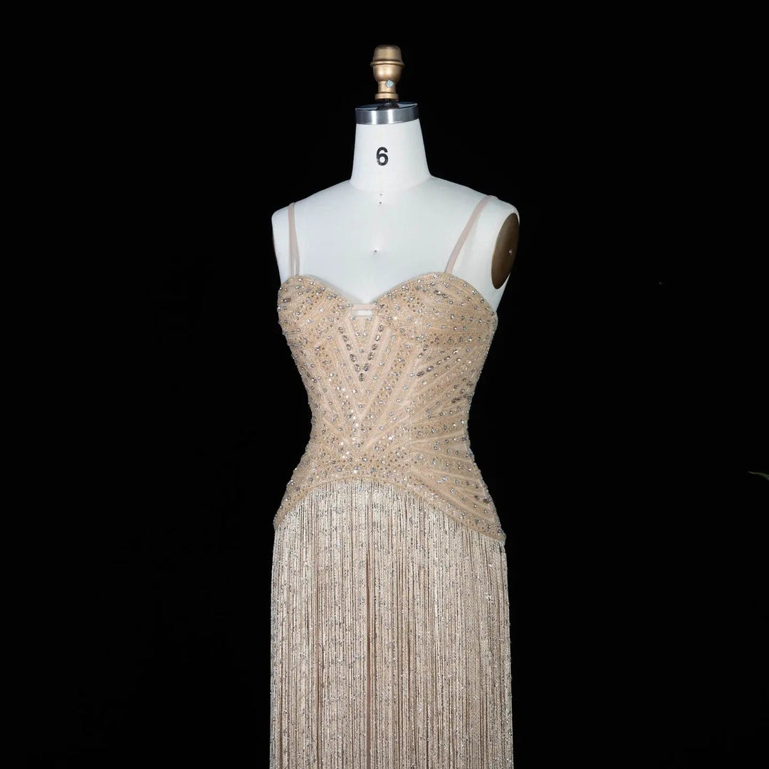 Luxury Yellow Beaded Fringe Evening Dress with Spaghetti Straps SS522