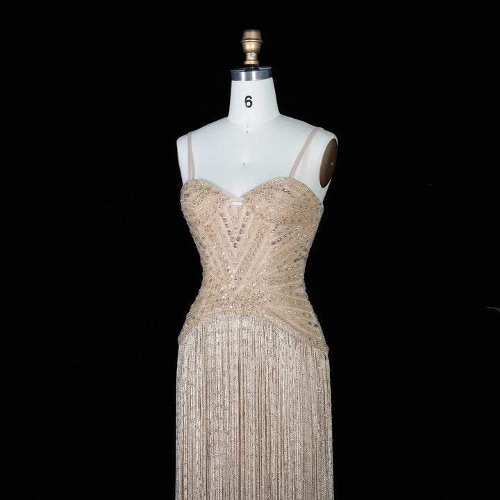 Luxury Yellow Beaded Fringe Evening Dress with Spaghetti Straps SS522