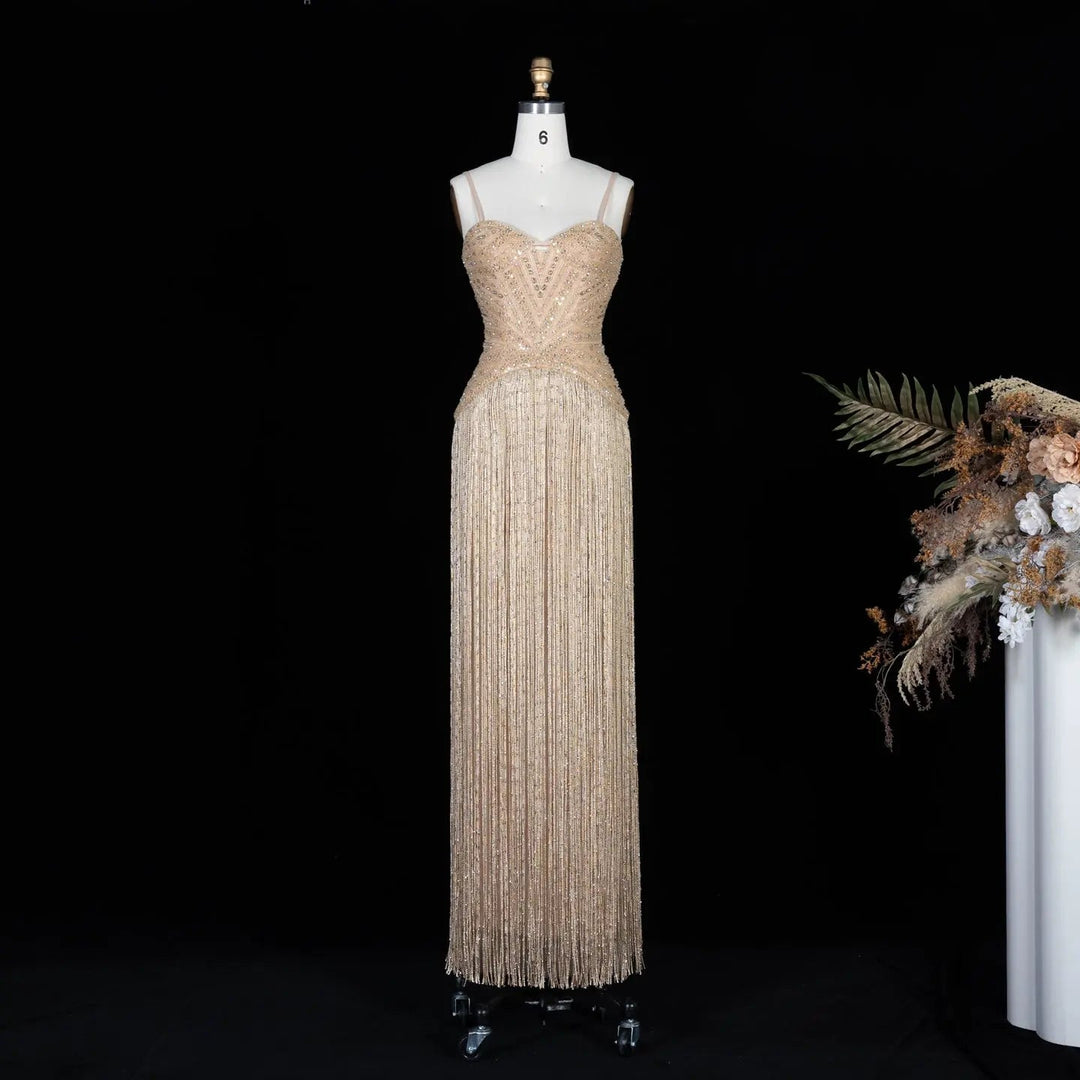 Luxury Yellow Beaded Fringe Evening Dress with Spaghetti Straps SS522