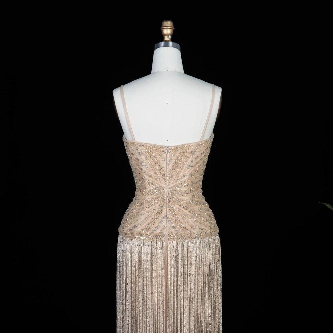 Luxury Yellow Beaded Fringe Evening Dress with Spaghetti Straps SS522