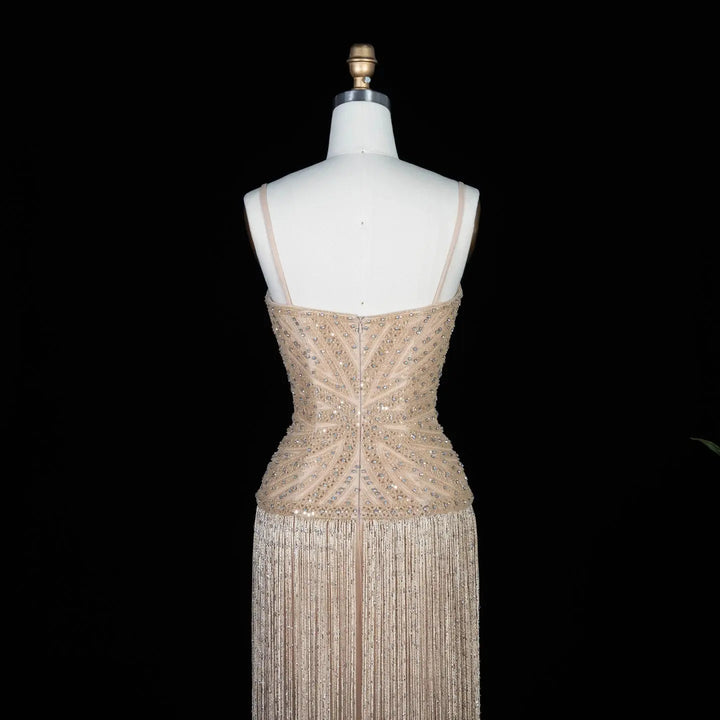 Luxury Yellow Beaded Fringe Evening Dress with Spaghetti Straps SS522