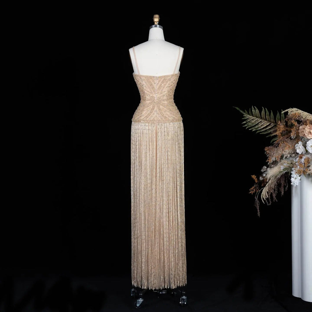 Luxury Yellow Beaded Fringe Evening Dress with Spaghetti Straps SS522