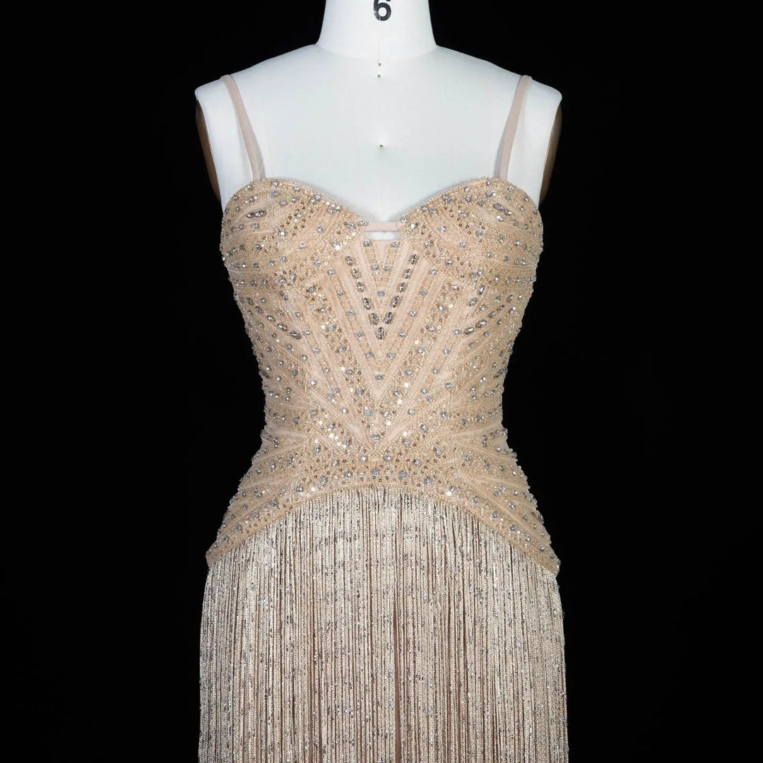 Luxury Yellow Beaded Fringe Evening Dress with Spaghetti Straps SS522