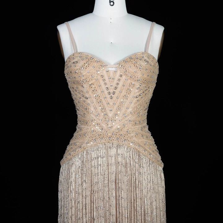 Luxury Yellow Beaded Fringe Evening Dress with Spaghetti Straps SS522