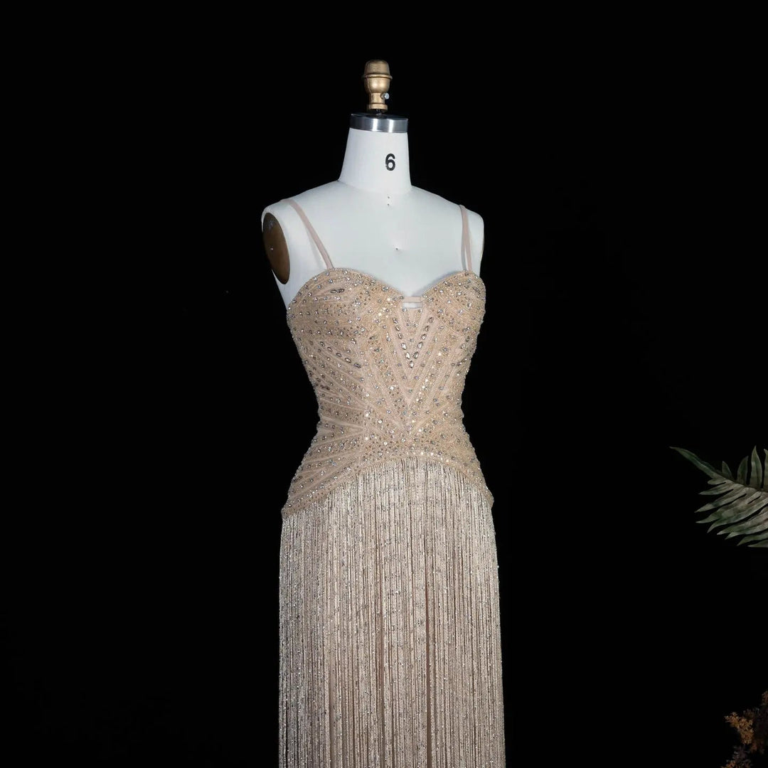 Luxury Yellow Beaded Fringe Evening Dress with Spaghetti Straps SS522