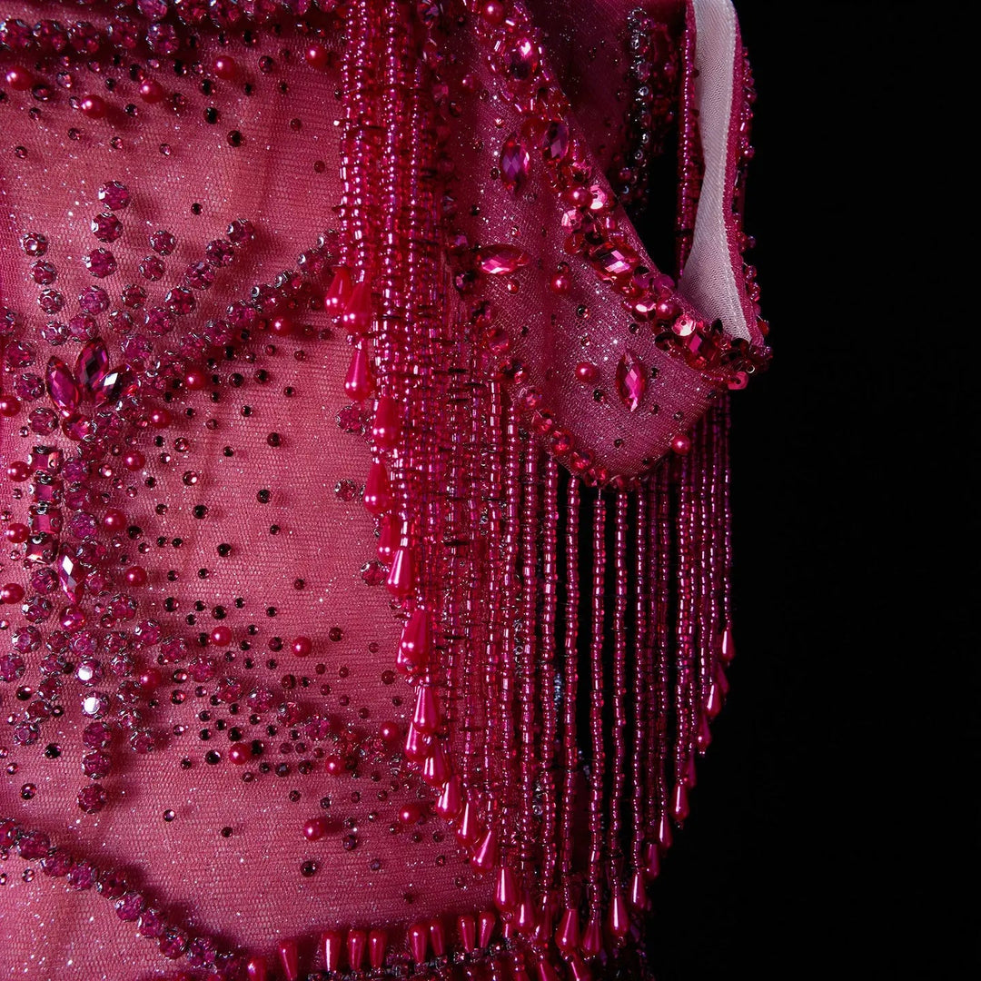 Luxury Fuchsia Off-Shoulder Beaded Tassel Mermaid Evening Dress SS516