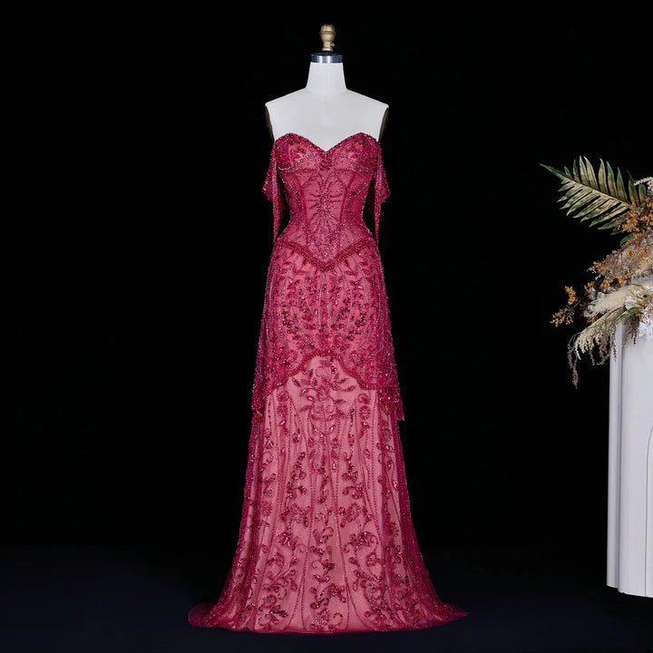 Luxury Fuchsia Off-Shoulder Beaded Tassel Mermaid Evening Dress SS516