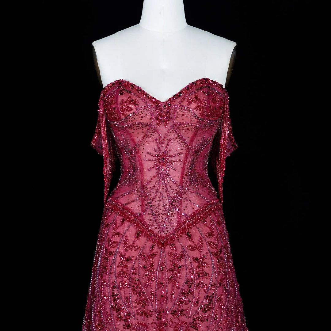 Luxury Fuchsia Off-Shoulder Beaded Tassel Mermaid Evening Dress SS516