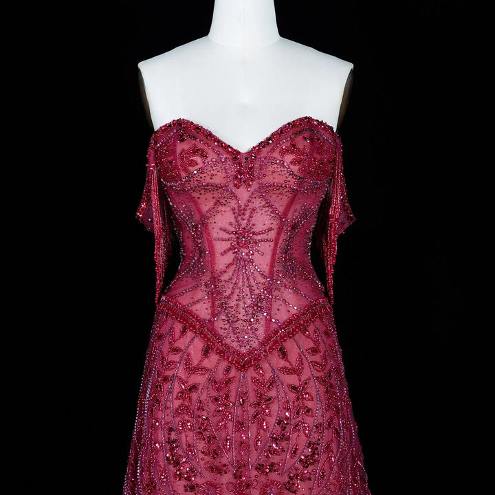 Luxury Fuchsia Off-Shoulder Beaded Tassel Mermaid Evening Dress SS516