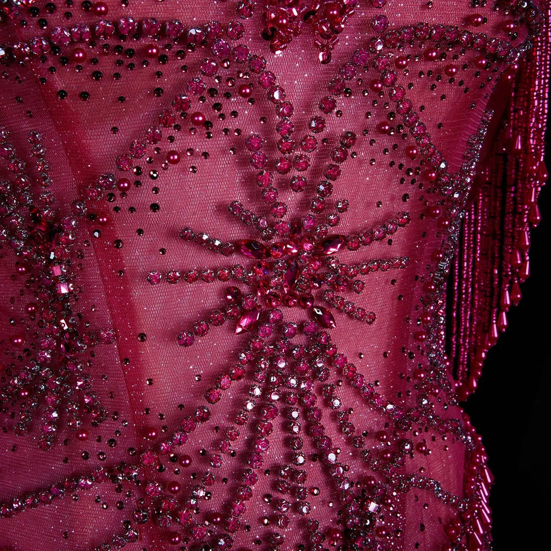 Luxury Fuchsia Off-Shoulder Beaded Tassel Mermaid Evening Dress SS516