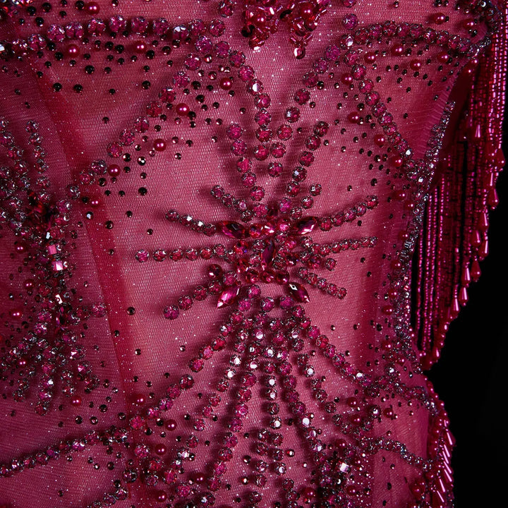 Luxury Fuchsia Off-Shoulder Beaded Tassel Mermaid Evening Dress SS516