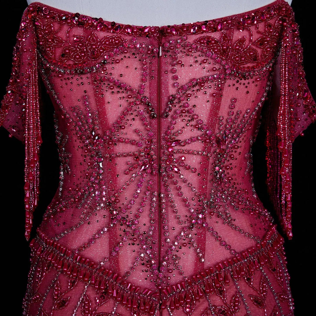 Luxury Fuchsia Off-Shoulder Beaded Tassel Mermaid Evening Dress SS516