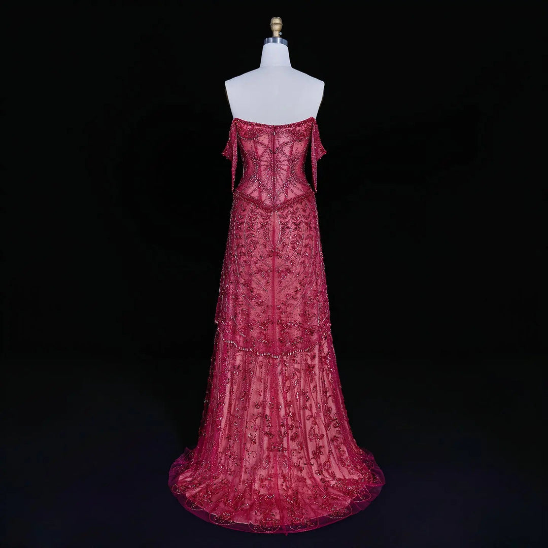 Luxury Fuchsia Off-Shoulder Beaded Tassel Mermaid Evening Dress SS516