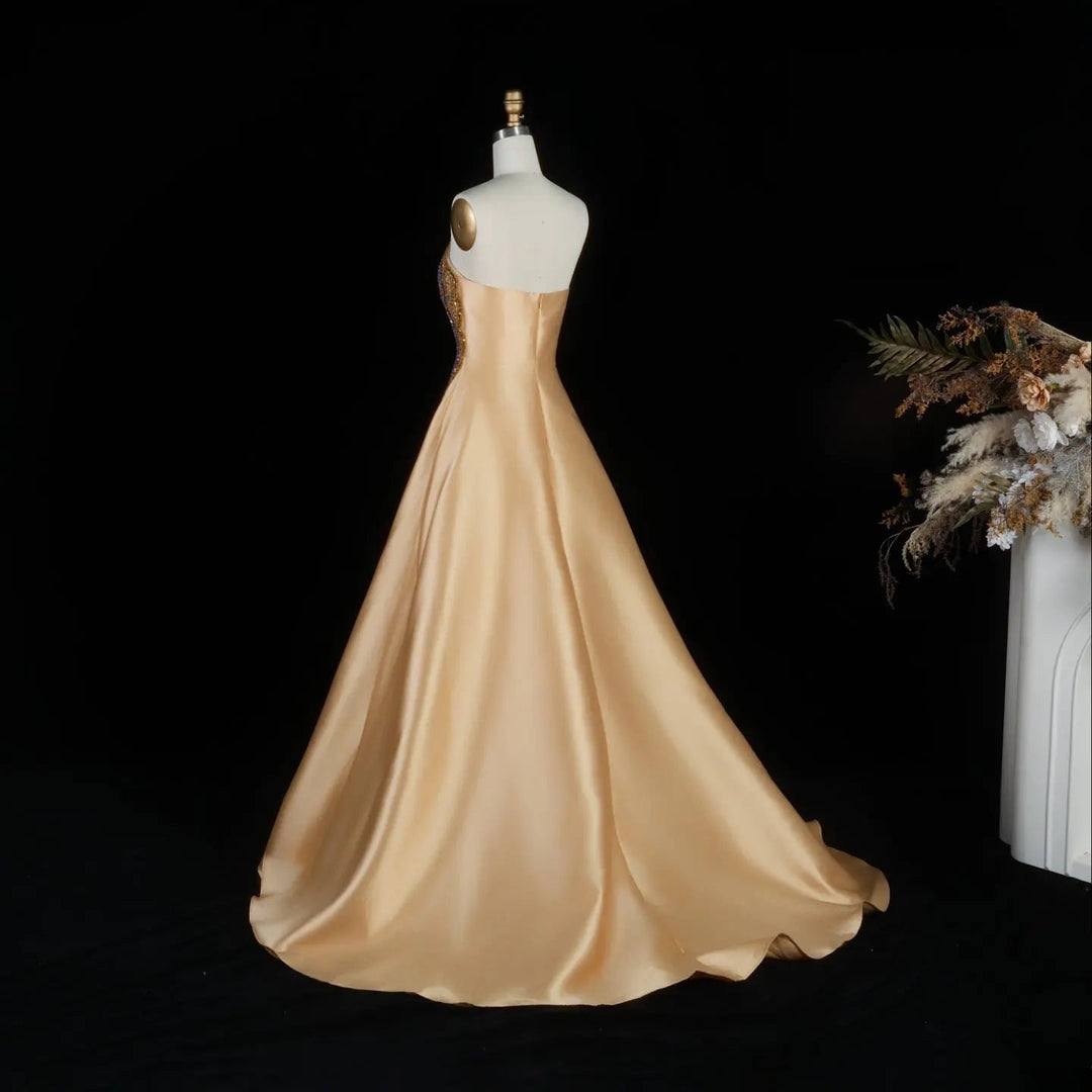 Elegant Golden Strapless Evening Dress with Sparkling Embellished Bodice SS377