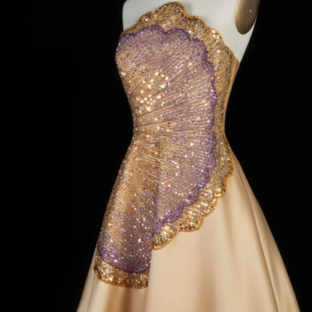 Elegant Golden Strapless Evening Dress with Sparkling Embellished Bodice SS377