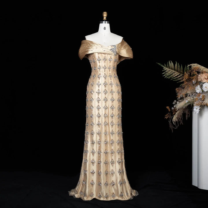 Royal Gold Crystal Beaded Evening Dress with Draped Shoulder SS217