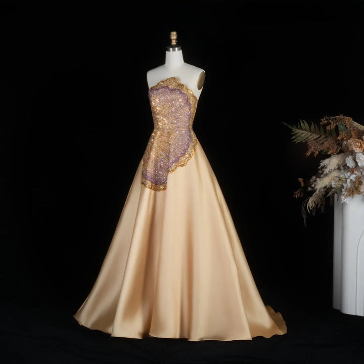 Elegant Golden Strapless Evening Dress with Sparkling Embellished Bodice SS377
