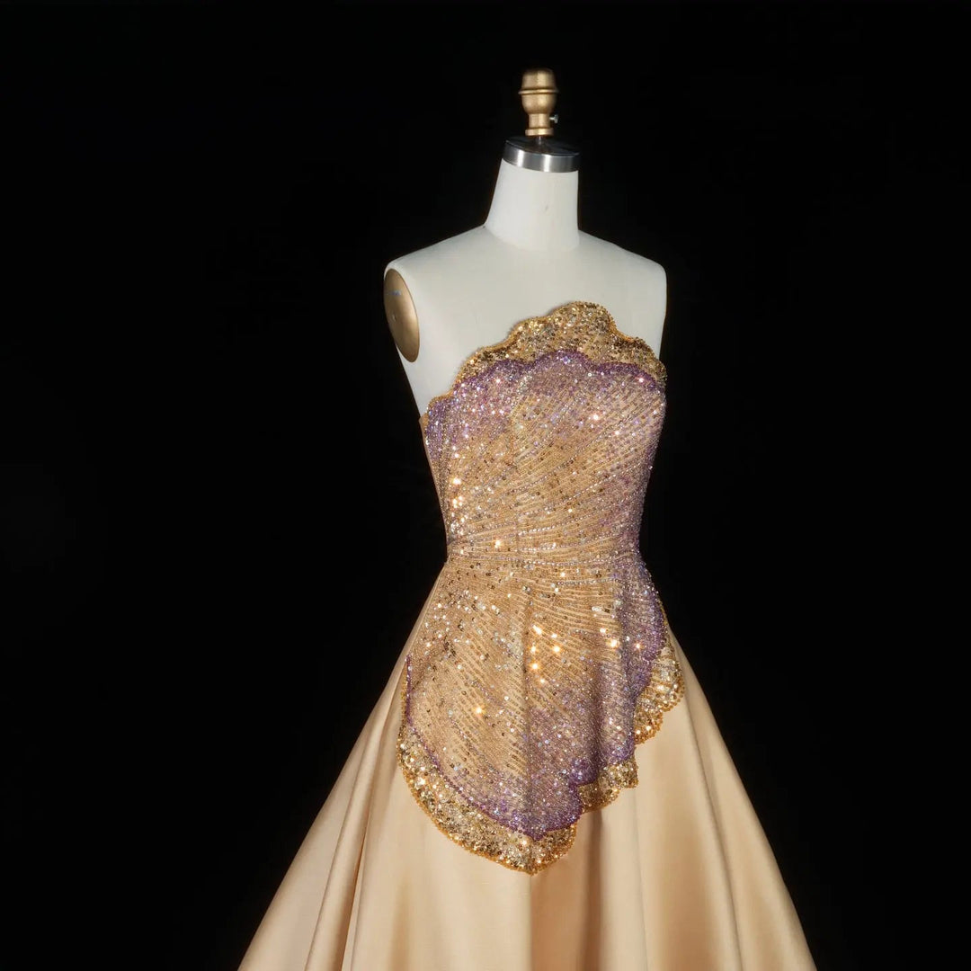 Elegant Golden Strapless Evening Dress with Sparkling Embellished Bodice SS377