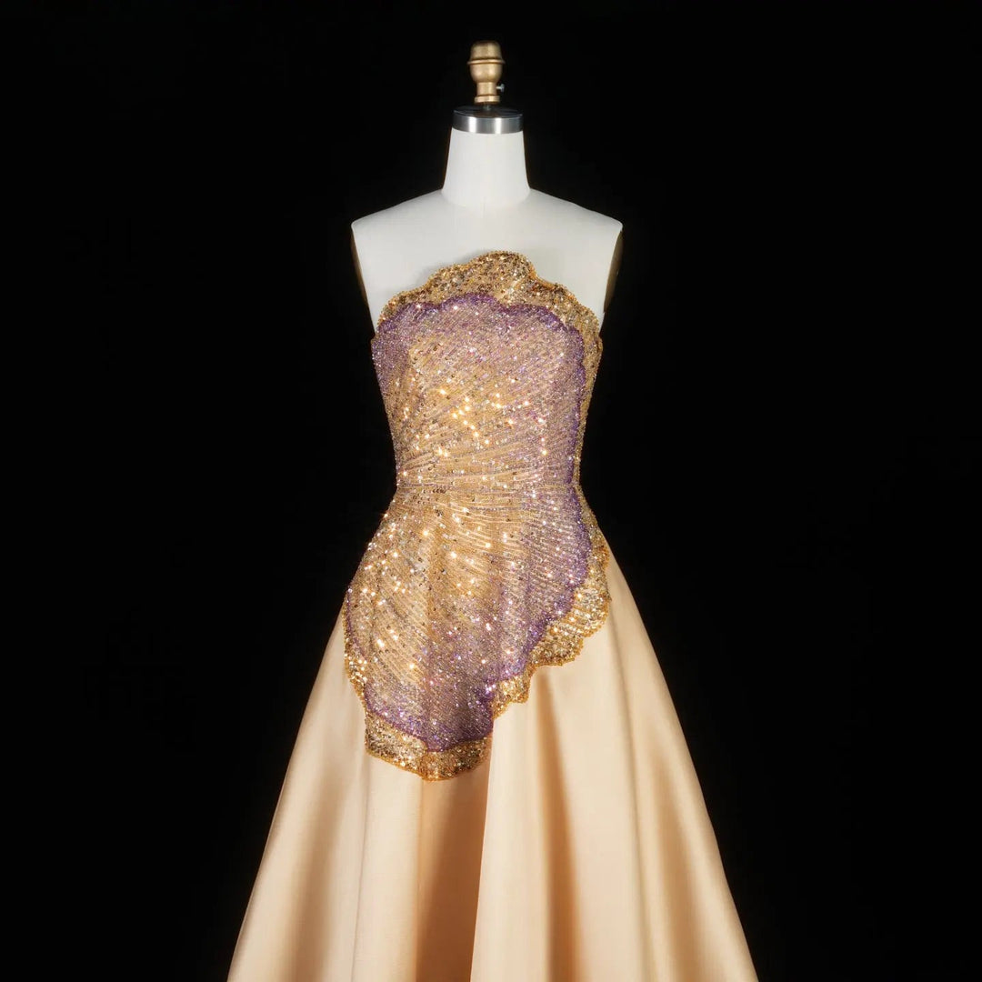 Elegant Golden Strapless Evening Dress with Sparkling Embellished Bodice SS377