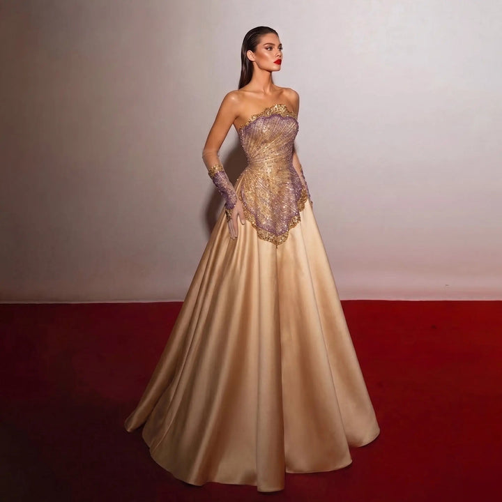 Elegant Golden Strapless Evening Dress with Sparkling Embellished Bodice SS377