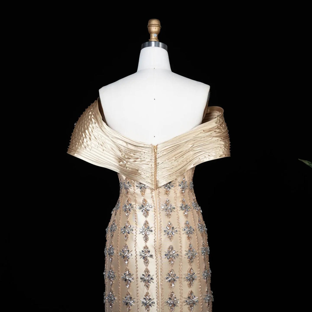 Royal Gold Crystal Beaded Evening Dress with Draped Shoulder SS217