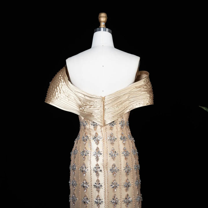 Royal Gold Crystal Beaded Evening Dress with Draped Shoulder SS217