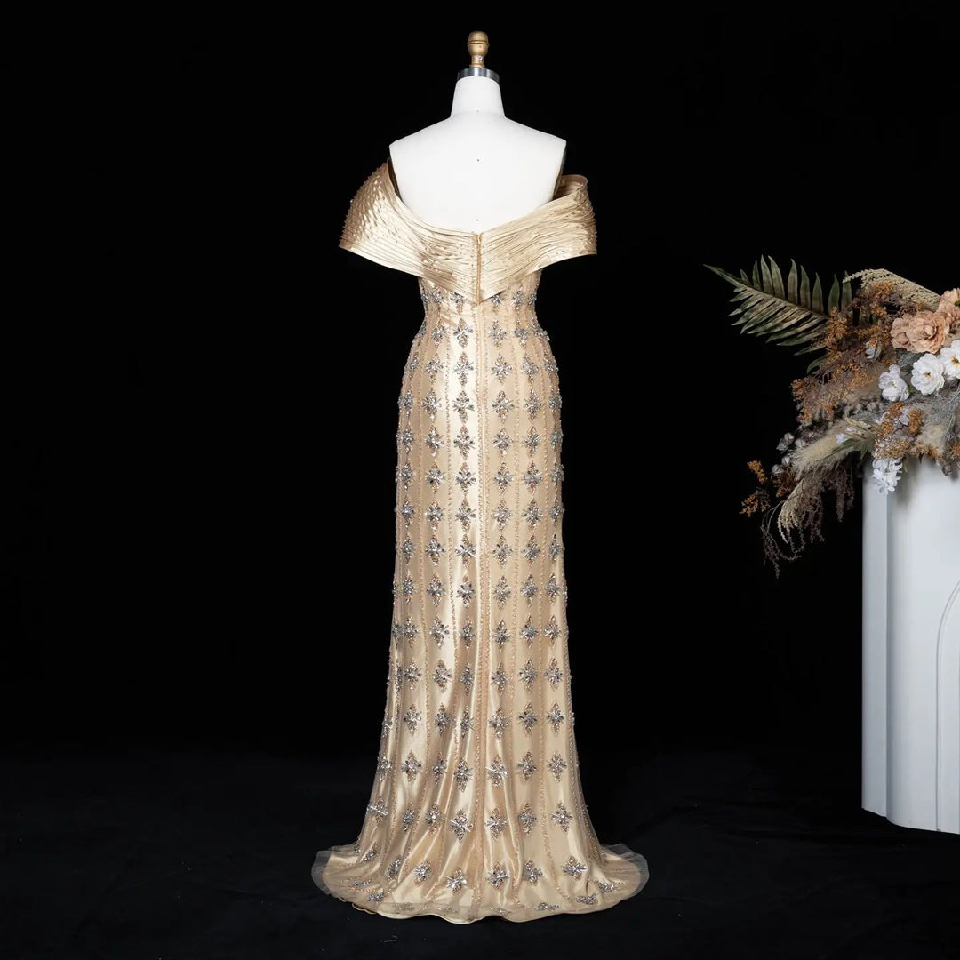 Royal Gold Crystal Beaded Evening Dress with Draped Shoulder SS217