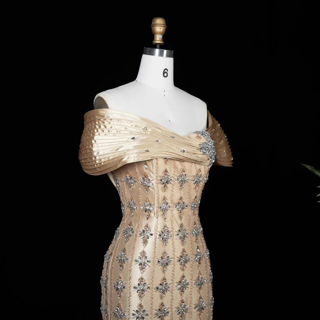 Royal Gold Crystal Beaded Evening Dress with Draped Shoulder SS217
