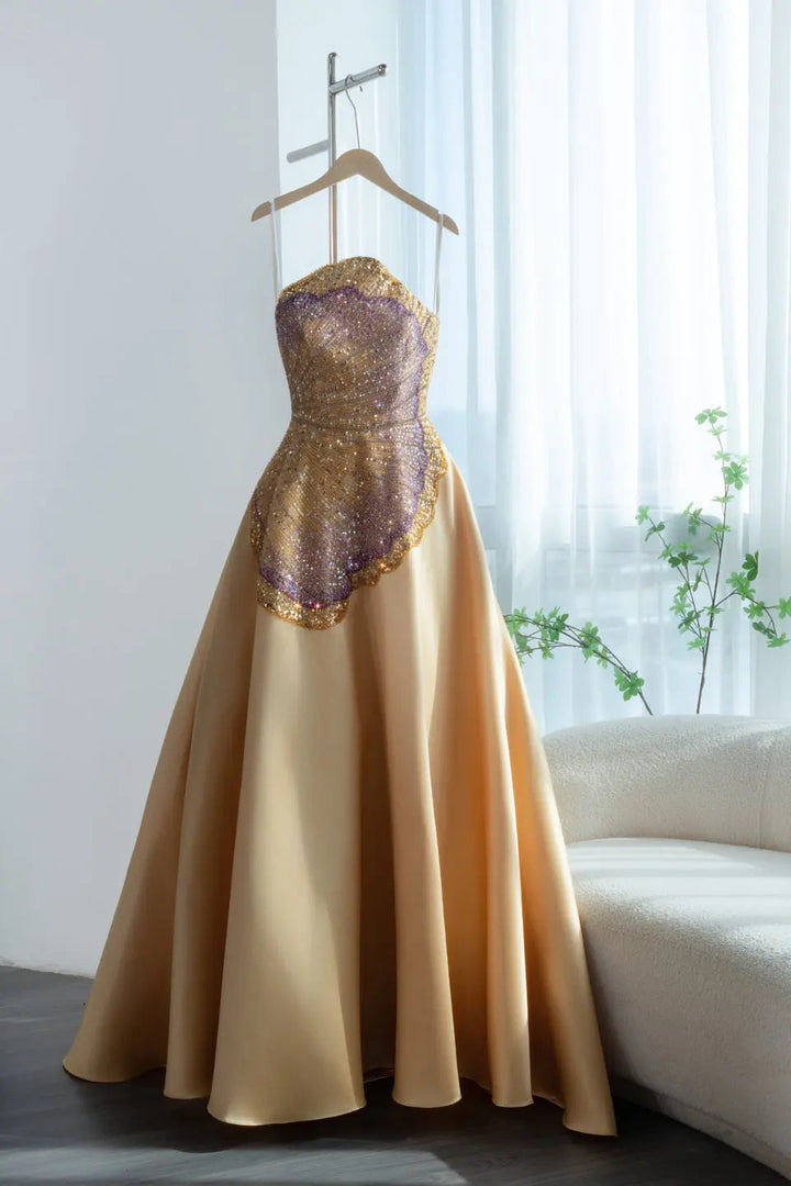 Elegant Golden Strapless Evening Dress with Sparkling Embellished Bodice SS377