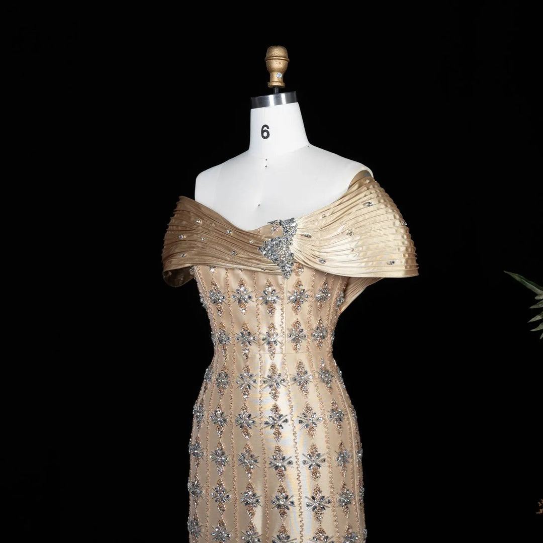 Royal Gold Crystal Beaded Evening Dress with Draped Shoulder SS217
