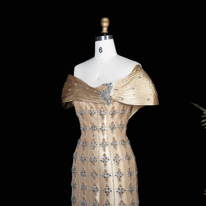 Royal Gold Crystal Beaded Evening Dress with Draped Shoulder SS217