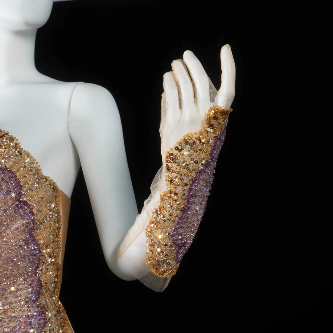 Elegant Golden Strapless Evening Dress with Sparkling Embellished Bodice SS377