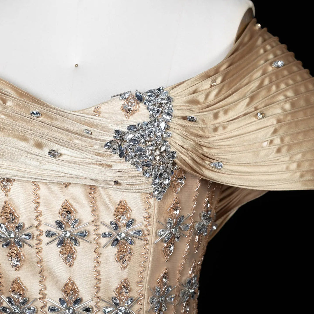 Royal Gold Crystal Beaded Evening Dress with Draped Shoulder SS217