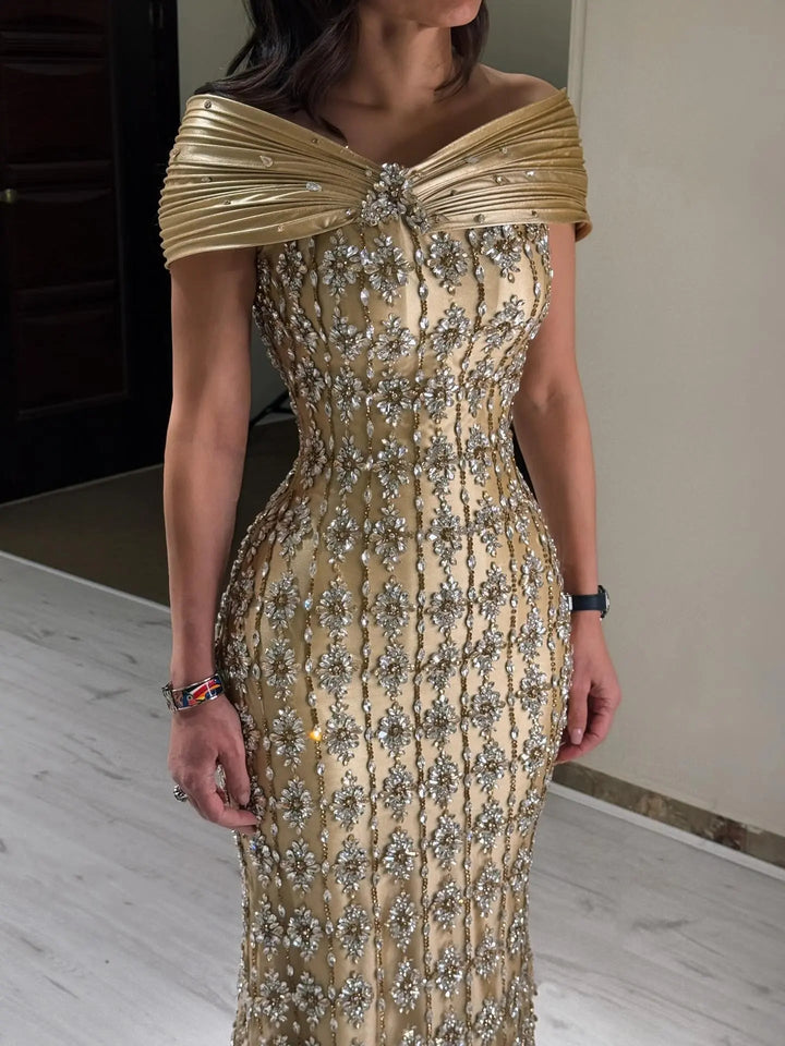 Royal Gold Crystal Beaded Evening Dress with Draped Shoulder SS217
