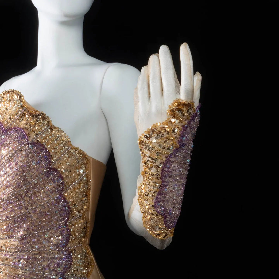 Elegant Golden Strapless Evening Dress with Sparkling Embellished Bodice SS377