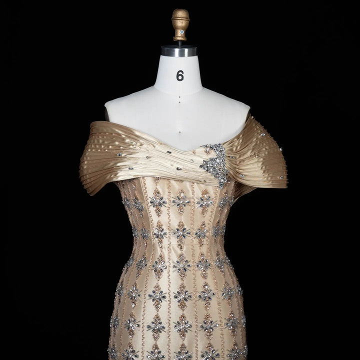Royal Gold Crystal Beaded Evening Dress with Draped Shoulder SS217