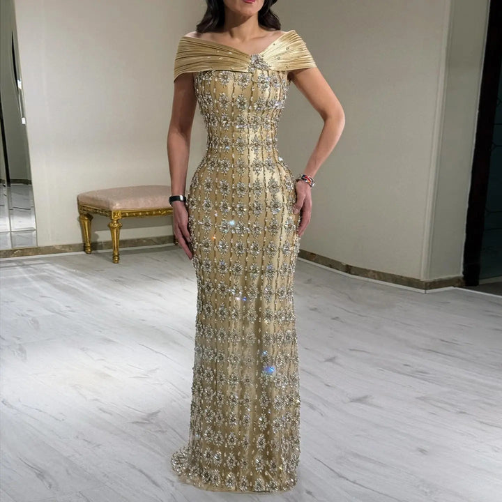 Royal Gold Crystal Beaded Evening Dress with Draped Shoulder SS217