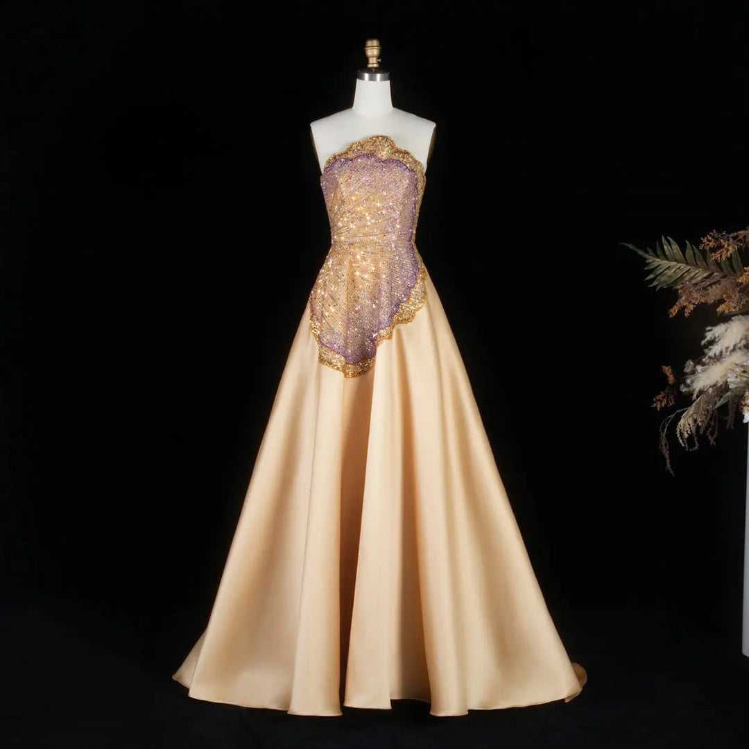 Elegant Golden Strapless Evening Dress with Sparkling Embellished Bodice SS377